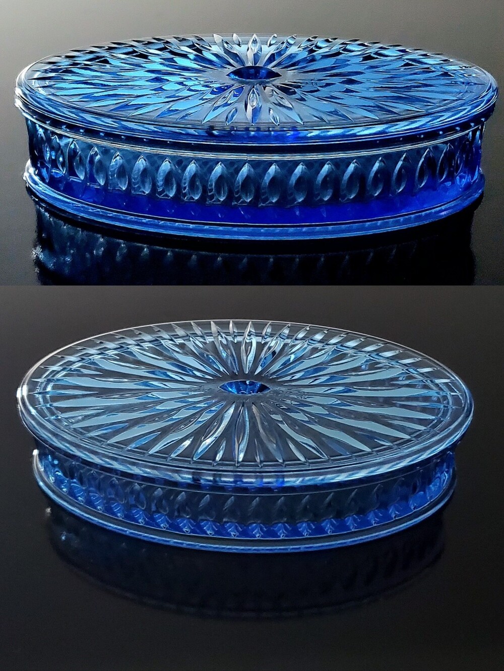 7 1/4" x 4" Oval Exquisitely Detailed Blue Glass Trinket Box With Lid 2011 - Picture 4 of 15